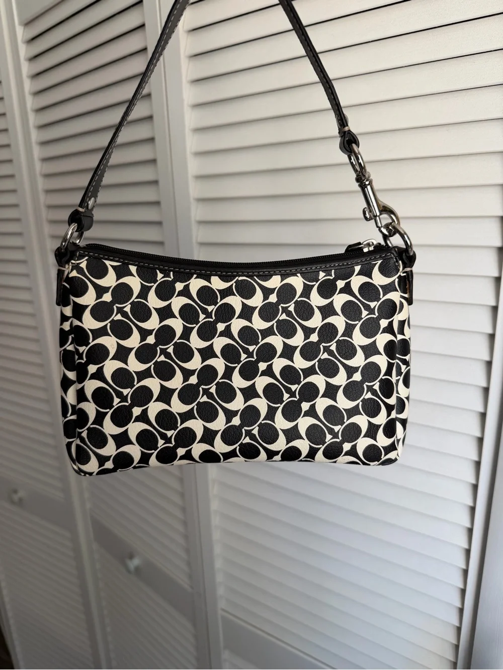 Y2K Coach Signature Print Small Shoulder Bag Black White Leather
